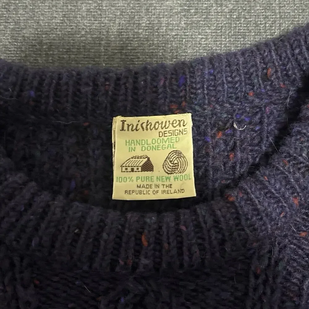 VINTAGE Inishowen Men Sweater L Blue Cable Knit 100% Wool Handloomed Donegal